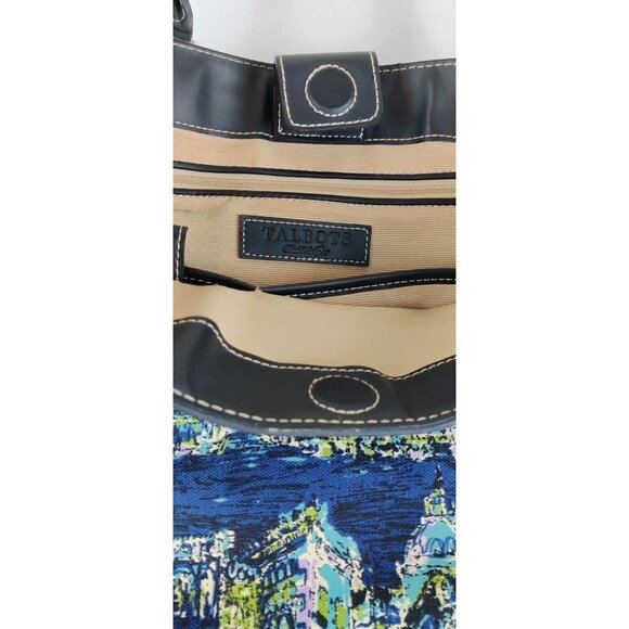 Talbots Tote Bag Venice Waterscape Navy Blue Canvas Brocade Weave Purse - Picture 10 of 12